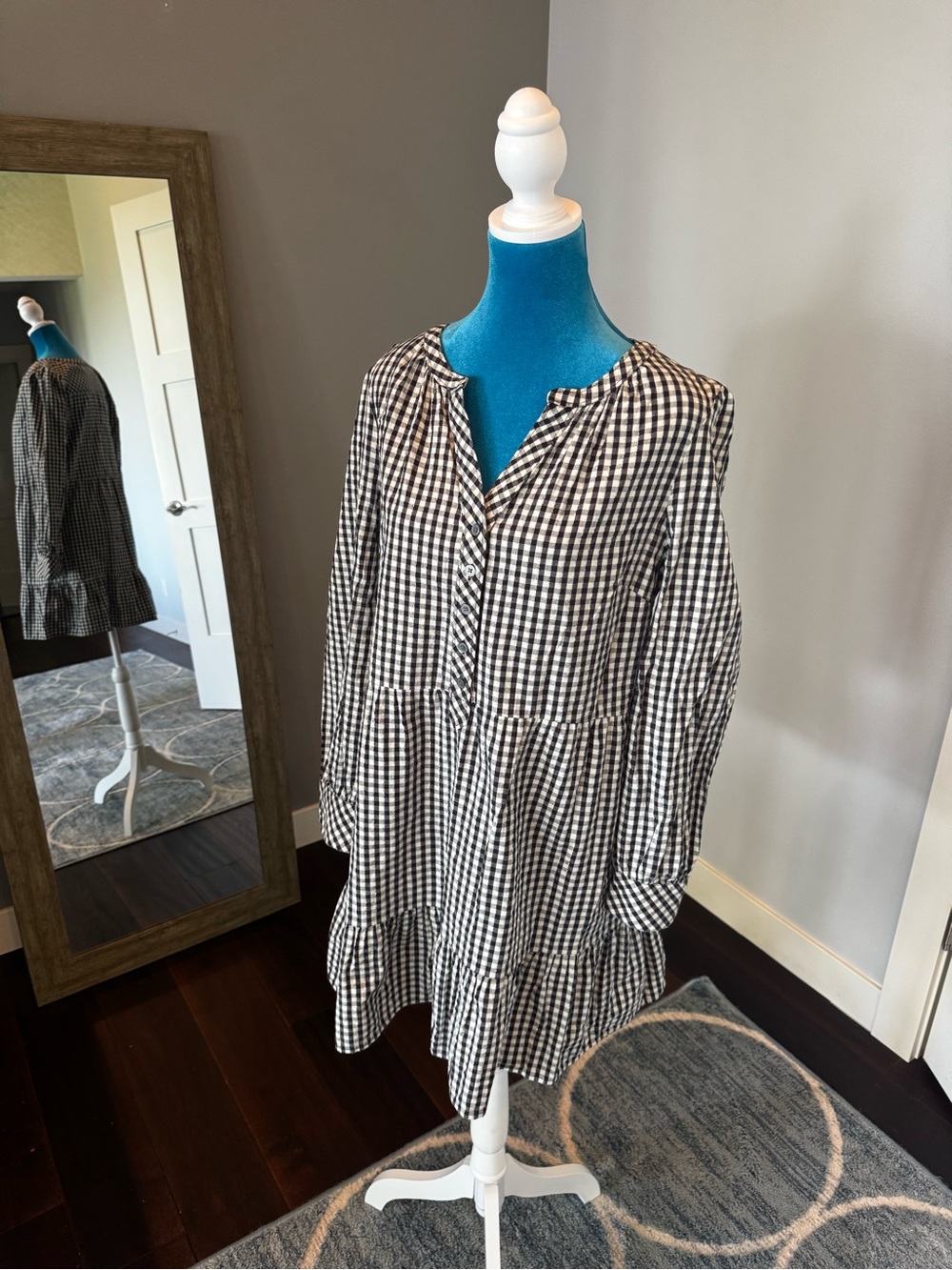 LOFT Black and White Gingham Long-Sleeve Tiered Shirt Dress